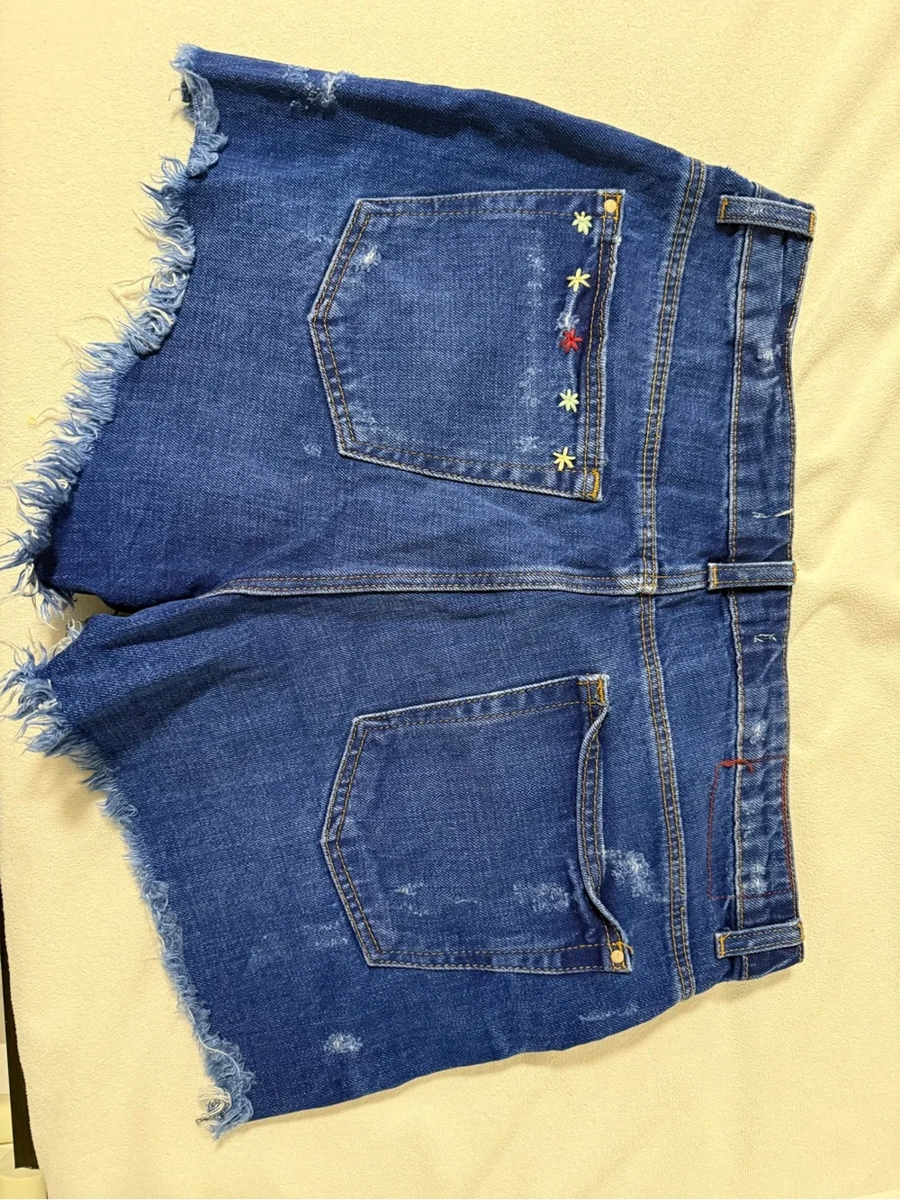 Zara Blue Distressed Denim Shorts with Embroidered Sun & Ice Cream
